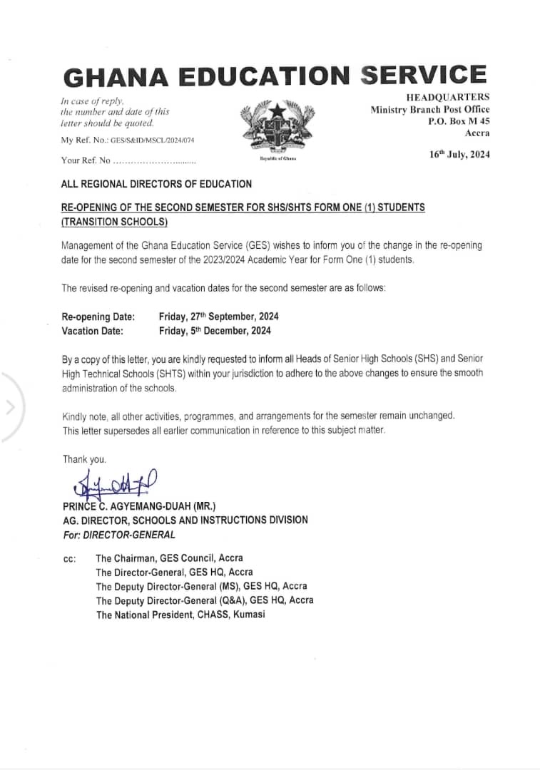 CLARIFICATION ON THE RE-OPENING DATE FOR 1ST YEAR STUDENTS ON 27TH SEPTEMBER, 2024