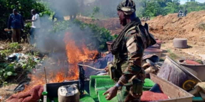 Galamsey: Soldiers Burn 18 Chanfans, 10 Industrial Water Pumping Machines And One Excavator